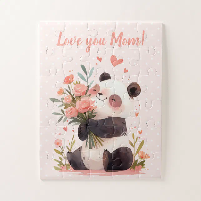 Lovely Panda Holding Flowers Mothers Day Gift Jigsaw Puzzle