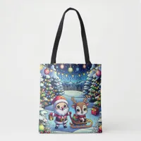 Cute Cartoon Santa and Reindeer Christmas Tote Bag