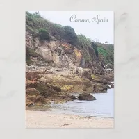 Coruna, Spain | Sandy Beach Inlet And Rocky Cliff Holiday Postcard