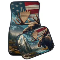 Moose Near River With Mountains and Flag Car Floor Mat