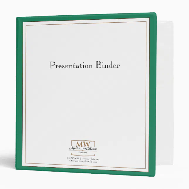 Simple Green White Monogram Business 3 Ring Binder