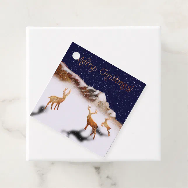 Merry Christmas - wood deers and mountains in snow Favor Tags