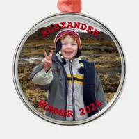 Personalized Red Text Round Family Photo Metal Ornament