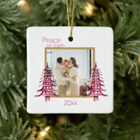 Red Pagoda Christmas Trees 2-Photo Peace On Earth Ceramic Ornament