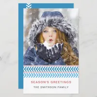 Budget Blue and White Stitches Photo Holiday Card