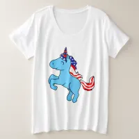 Unicorn Blue Patriotic USA Flag Mane Cartoon Plus Size T-Shirt