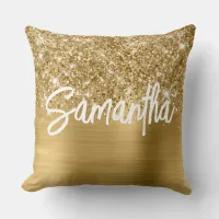 Glittery Gold Glam Brush Script Name Throw Pillow