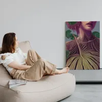 Woman in Monstera Deliciosa Leaves Faux Canvas Print