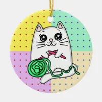 Kitty Cat Knitting with Yarn Ceramic Ornament