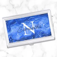 Royal Blue Luxury Agate Glam Monogram Business Card Case