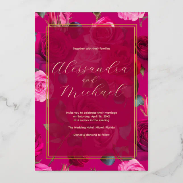 Pink Roses on Viva Magenta | Wedding Foil Invitation