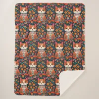 Whimsical Folk Art Cat and Flowers Sherpa Blanket