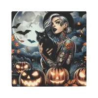 Tattooed Witch with Black Cat and Full Moon Metal Print