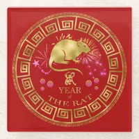 Chinese Zodiac Rat Red/Gold ID542 Glass Coaster