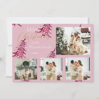 Dusty pink red Christmas Pagoda Trees 5-Photo  Holiday Card