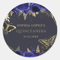 Royal Blue Gold Floral Butterflies Quinceanera  Classic Round Sticker