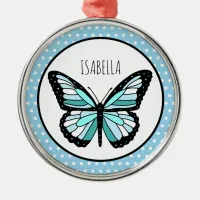 Blue Butterfly Polka Dot Personalized Christmas   Metal Ornament