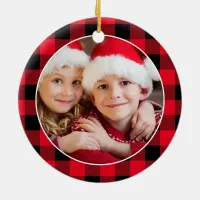 Red Buffalo Plaid Happy Holidays Family Photo Ceramic Ornament