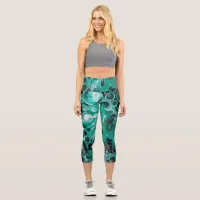 Teal and Black Bubbles Digital Fluid Art Cells  Capri Leggings