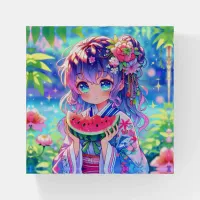 Cute Anime Girl Eating Watermelon on a Summer Day Paperweight