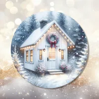 Tiny Home in a Magical Winter Forest Christmas Classic Round Sticker