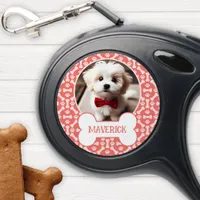 Coral And White Dog Bone Paw Pattern Pet Photo Retractable Pet Leash