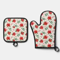 Watercolor Pointsettia Botanical Pattern Oven Mitt & Pot Holder Set