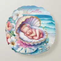 Coastal Girl's Baby Shower Personalized Round Pillow