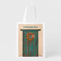 Southwest Chile Wreath on Rustic Blue Wood Door Grocery Bag