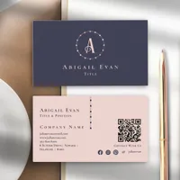 Modern Navy Blue Rose Gold Elegant Monogram Business Card