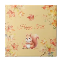 Happy Fall Squirrel in Leaves Ceramic Tile