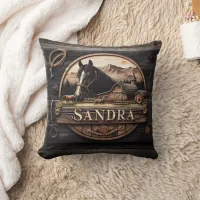 Wooden Sign Featuring Horse And Barn At Sunset Throw Pillow