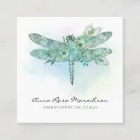 *~* Pastel Watercolor Aqua Pink Dragonfly  Square Business Card