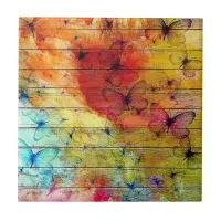 Butterflies on a Colorful Rustic Wood Ceramic Tile