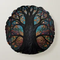 Tree Of Life Stained Glass Mosaic Art  Round Pillow