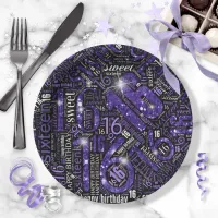 Sweet Sixteen Sparkle Word Cloud Purple Blk ID265 Paper Plates