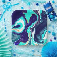 Blue Teal Ocean Swirls Marble Fluid Art  Paper Plates