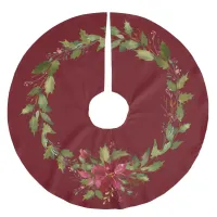 Elegant Christmas Poinsettia Holiday Wreath Brushed Polyester Tree Skirt