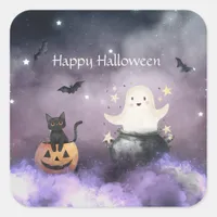 Cute Cat and Ghost Halloween Square Sticker