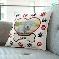 Cute Pet Dog Photo Heart Red & Black Paws Pattern Throw Pillow