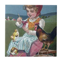 Vintage Easter Girl Painting Egg With Chickens Tile