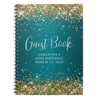 Gold Glitter Dark Turquoise 40th Birthday Guest Notebook