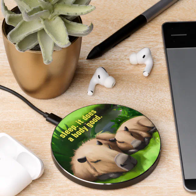 Cute Funny Napping Capybaras by the Pond Wireless Charger