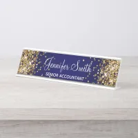 Gold Glitter Navy Blue Gradient Desk Name Plate