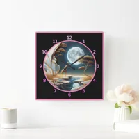 Giraffe by moonlit river in Africa Square Wall Clock