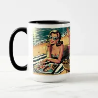 Retro Woman at Beach reading a Fashion Magazine Mug