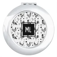 Monogrammed Black and White Cartoon Chickens Compact Mirror