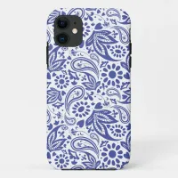 Blue Paisley Flowers and Hearts Pattern on White iPhone 11 Case