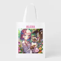 Anime Girl and Siamese Cat Personalized Grocery Bag