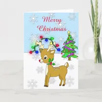 Reindeer and Christmas Lights Christmas Tree Card